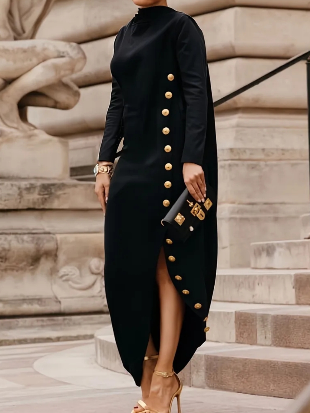 Elegant Black Long-Sleeve Maxi Dress With Gold Buttons